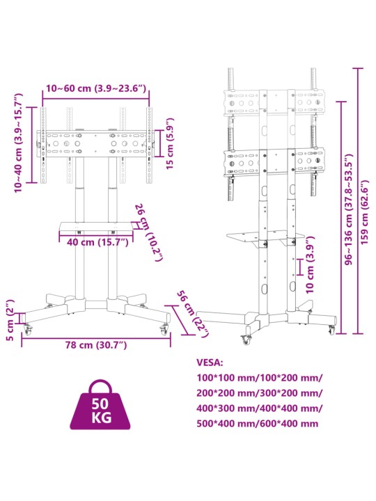 TV stojan na kolečkách 32"–70" Max VESA 600 x 400 mm 50 kg