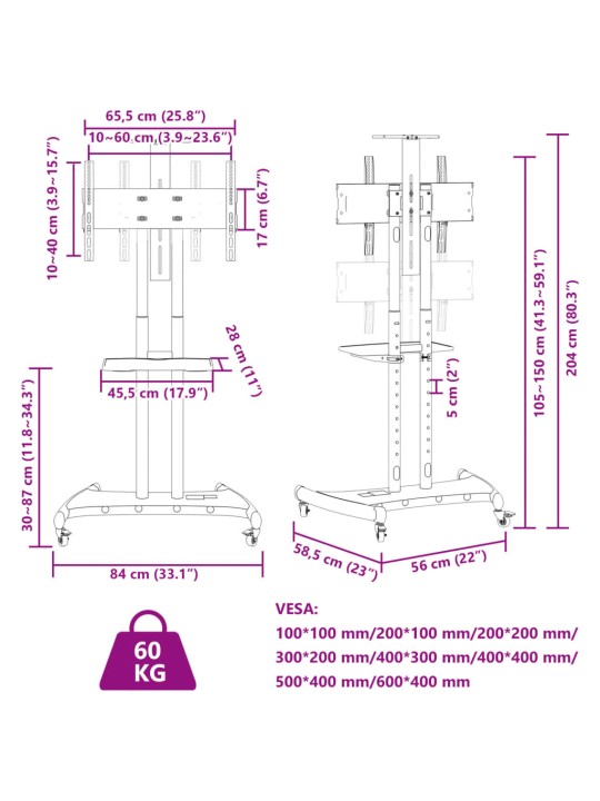TV stojan na kolečkách 32"–70" Max VESA 600 x 400 mm 60 kg