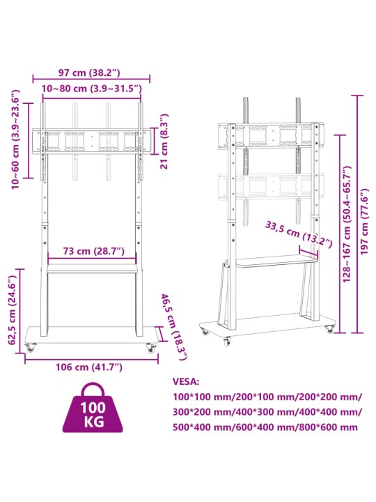 Tv stojan na kolečkách 32"–90" max vesa 800 x 600 mm 100 kg