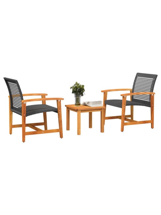 3dílný bistro set černý polyratan a akáciové dřevo