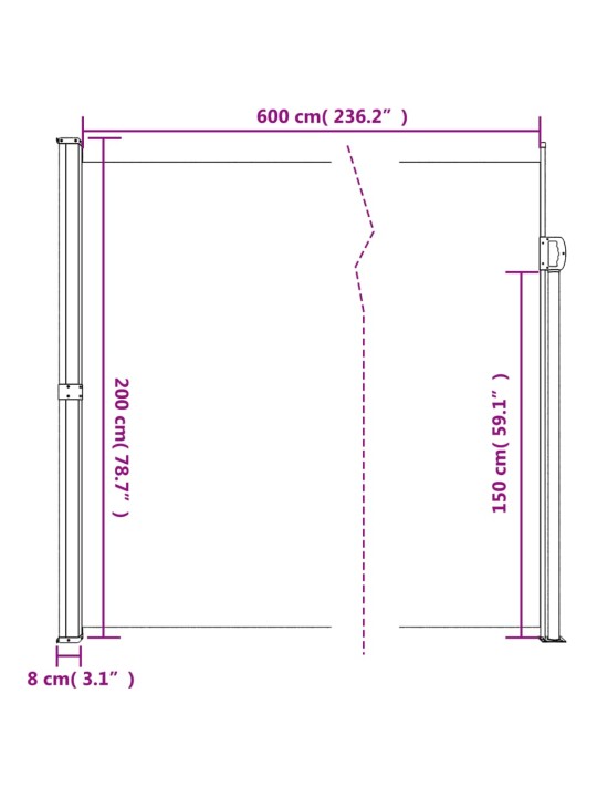 Zatahovací boční markýza černá 200 x 600 cm
