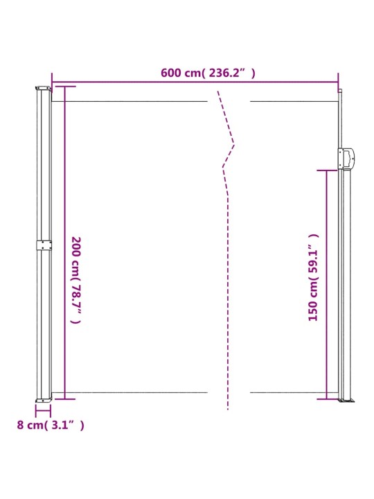 Zatahovací boční markýza hnědá 200 x 600 cm