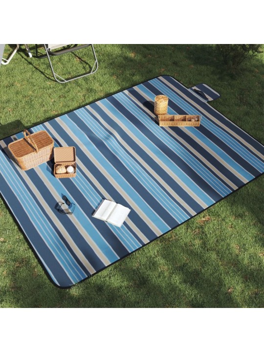 Pikniková deka skládací modré a bílé pruhy 200 x 150 cm samet
