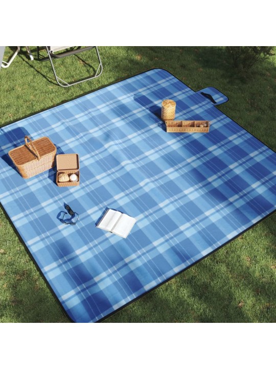 Pikniková deka skládací modrá kostkovaná 200 x 200 cm samet