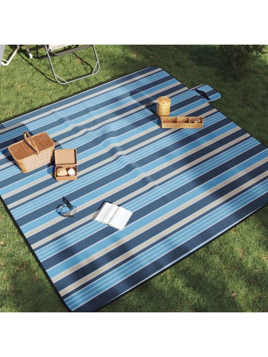 Pikniková deka skládací modré a bílé pruhy 200 x 200 cm samet