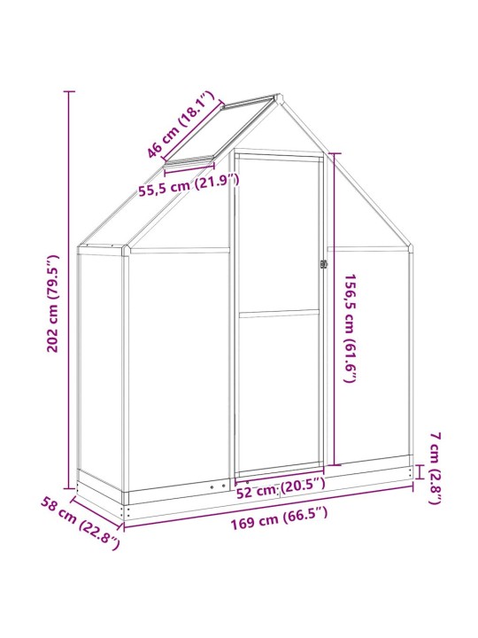 Skleník s podkladovým rámem antracitový 169x58x202 cm hliník