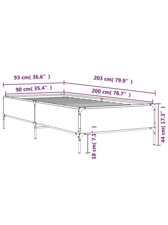 Rám postele dub sonoma 90 x 200 cm kompozitní dřevo a kov