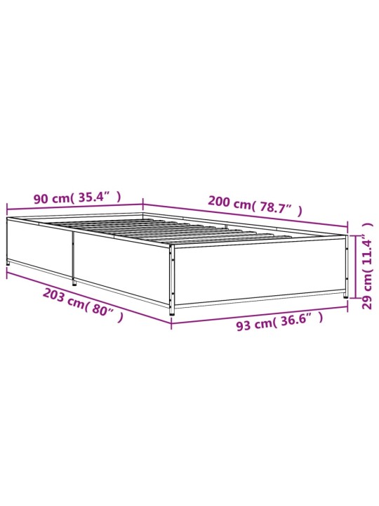 Rám postele šedý sonoma 90 x 200 cm kompozitní dřevo a kov