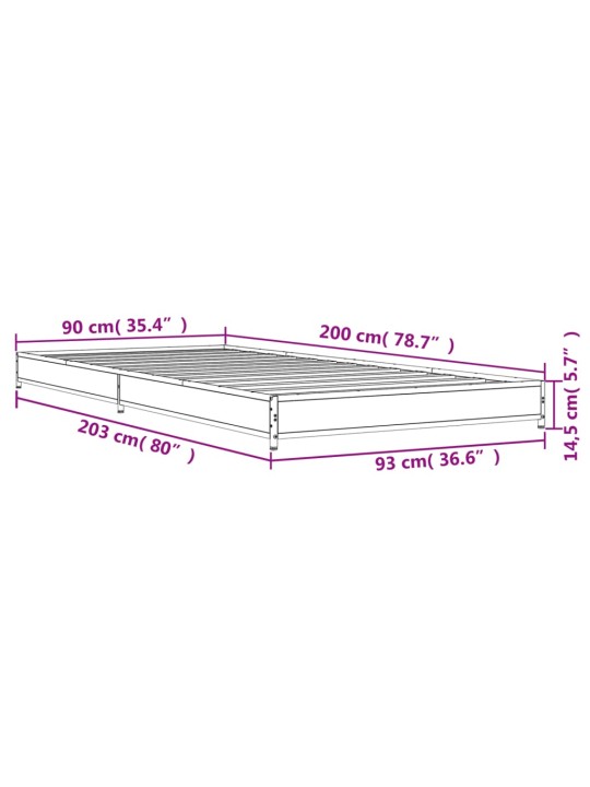 Rám postele šedý sonoma 90 x 200 cm kompozitní dřevo a kov