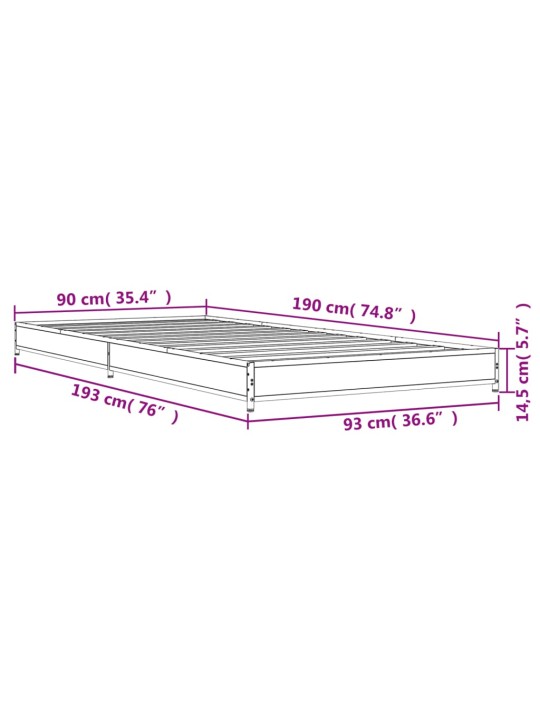 Rám postele kouřový dub 90 x 190 cm kompozitní dřevo a kov