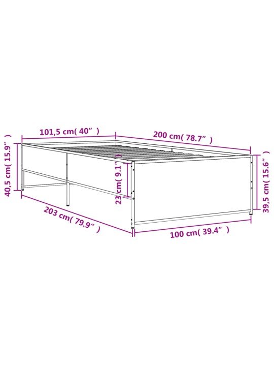 Rám postele kouřový dub 100 x 200 cm kompozitní dřevo a kov