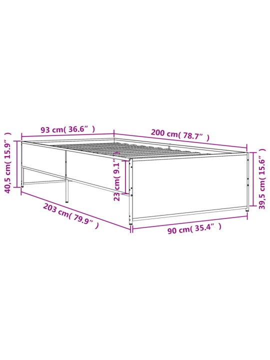 Rám postele hnědý dub 90 x 200 cm kompozitní dřevo a kov