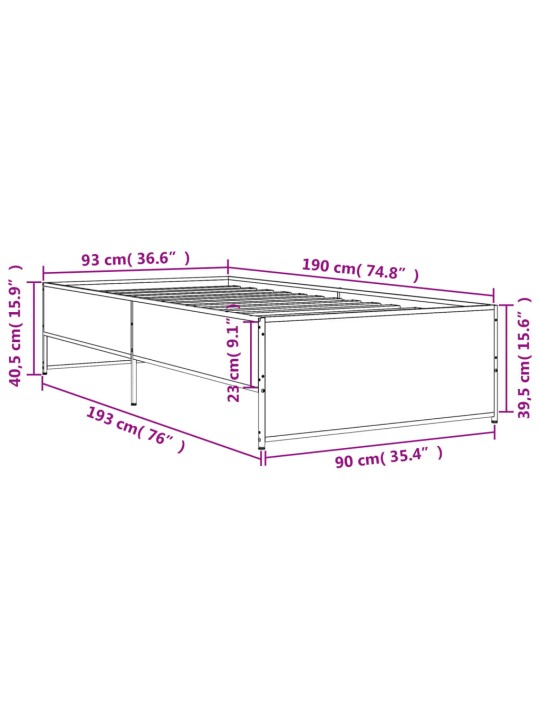 Rám postele dub sonoma 90 x 190 cm kompozitní dřevo a kov