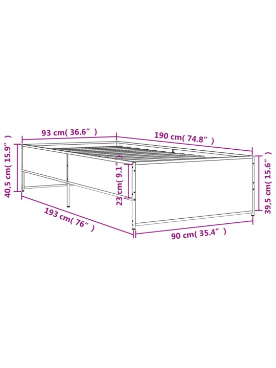 Rám postele kouřový dub 90 x 190 cm kompozitní dřevo a kov
