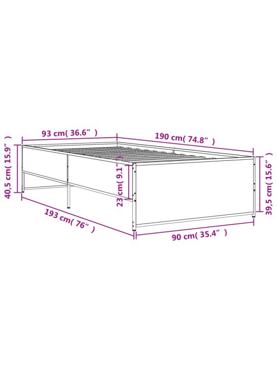Rám postele hnědý dub 90 x 190 cm kompozitní dřevo a kov