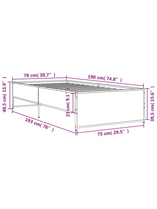 Rám postele kouřový dub 75 x 190 cm kompozitní dřevo a kov