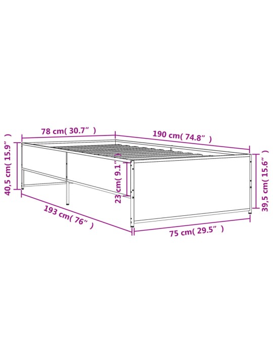 Rám postele šedý sonoma 75 x 190 cm kompozitní dřevo a kov