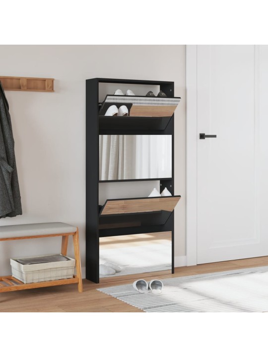 Botník se zrcadlem 4patrový černý 63 x 17 x 134 cm