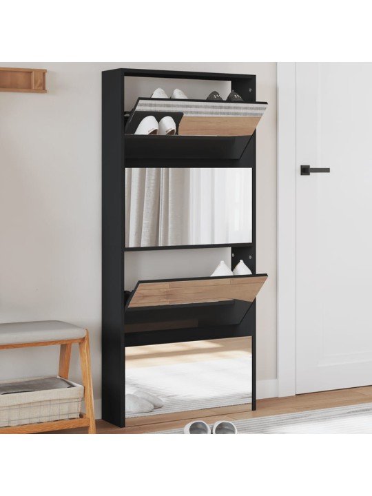 Botník se zrcadlem 4patrový černý 63 x 17 x 134 cm