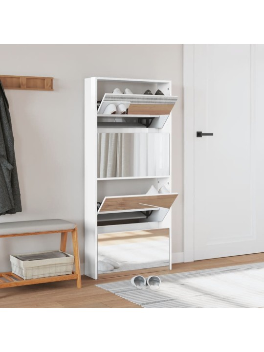 Botník se zrcadlem 4patrový bílý s vysokým leskem 63x17x134 cm