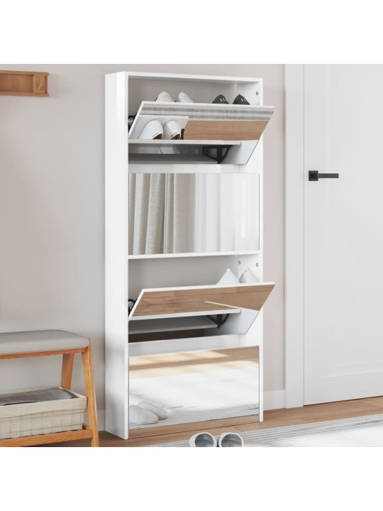 Botník se zrcadlem 4patrový bílý s vysokým leskem 63x17x134 cm