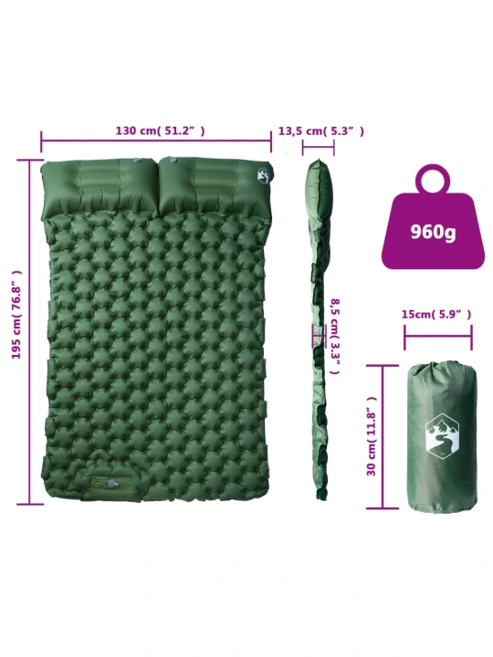 Samonafukovací kempingová matrace s polštáři 2 osoby zelená