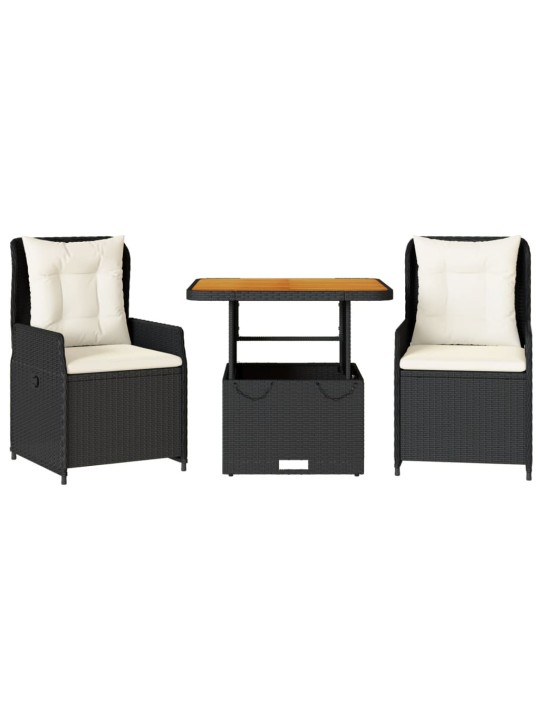 3dílný bistro set s poduškami černý polyratan