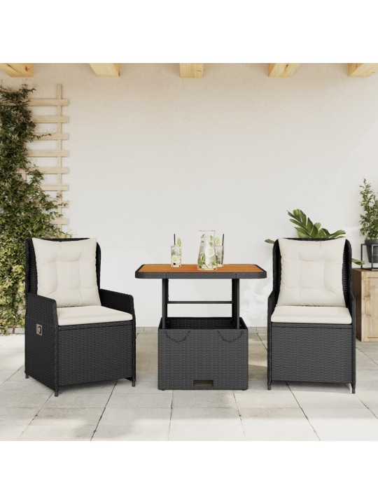 3dílný bistro set s poduškami černý polyratan