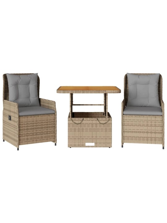 3dílný bistro set s poduškami béžový polyratan