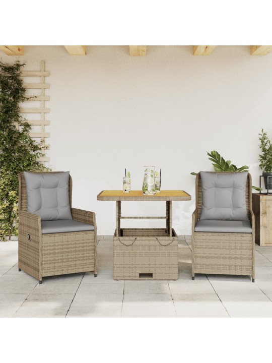3dílný bistro set s poduškami béžový polyratan