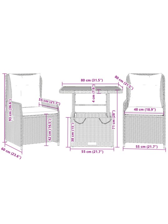 3dílný bistro set s poduškami béžový polyratan