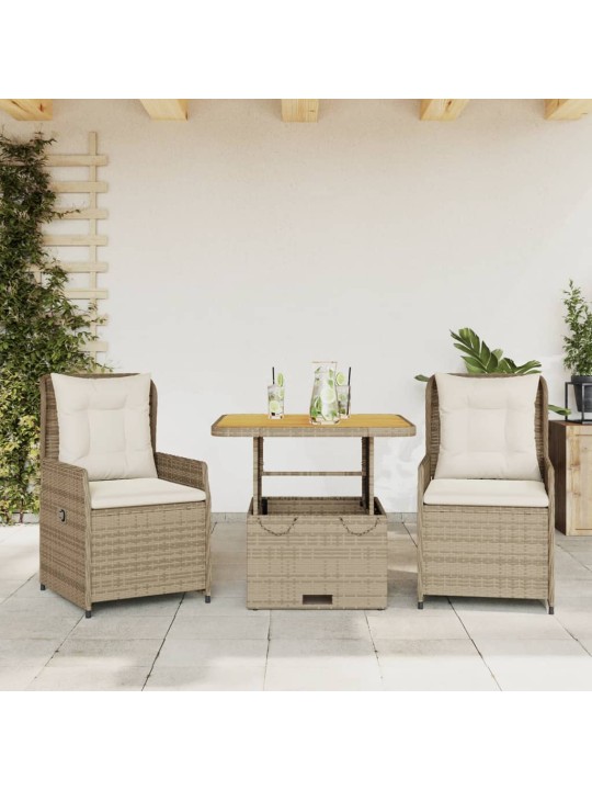 3dílný bistro set s poduškami béžový polyratan