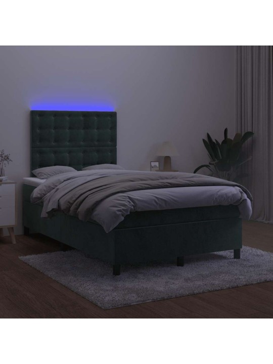 Box spring postel s matrací a led tmavě zelená 120x190 cm samet
