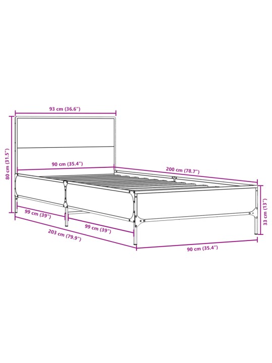 Rám postele kouřový dub 90 x 200 cm kompozitní dřevo a kov