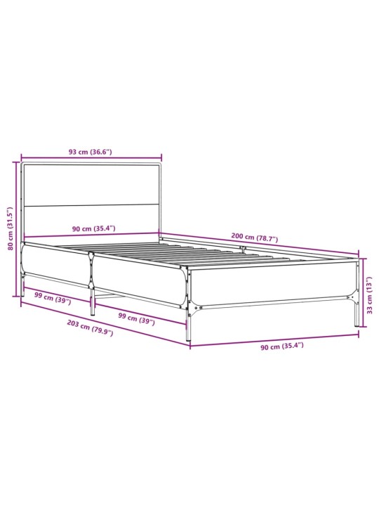 Rám postele hnědý dub 90 x 200 cm kompozitní dřevo a kov