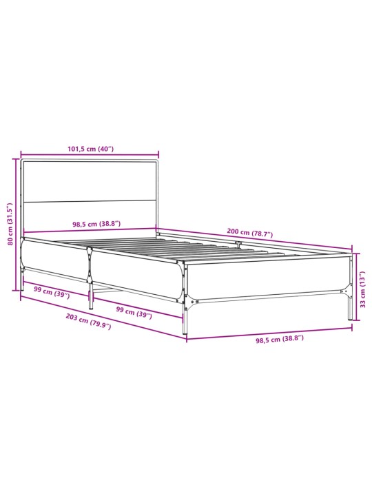 Rám postele kouřový dub 100 x 200 cm kompozitní dřevo a kov