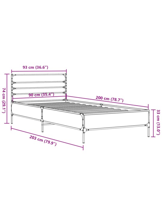 Rám postele kouřový dub 90 x 200 cm kompozitní dřevo a kov