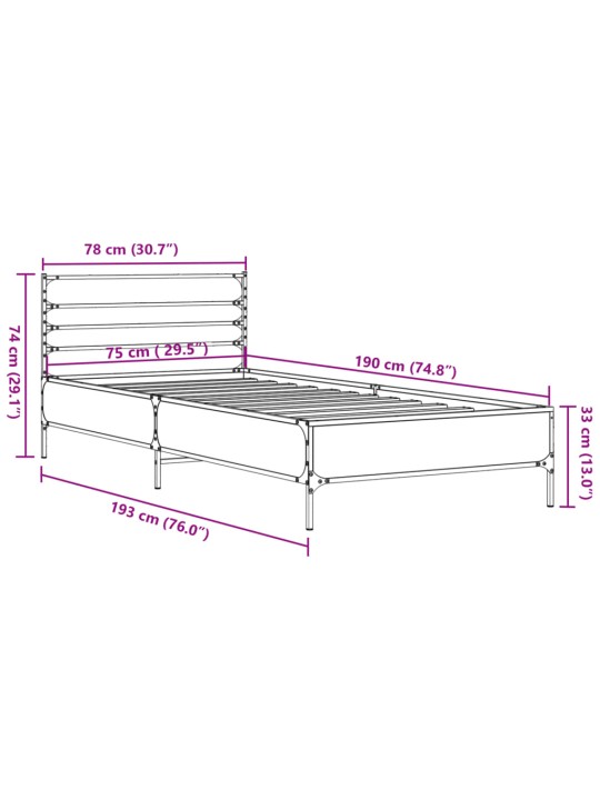Rám postele šedý sonoma 75 x 190 cm kompozitní dřevo a kov