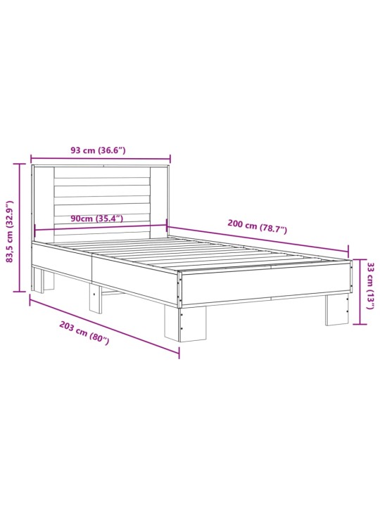 Rám postele kouřový dub 90 x 200 cm kompozitní dřevo a kov