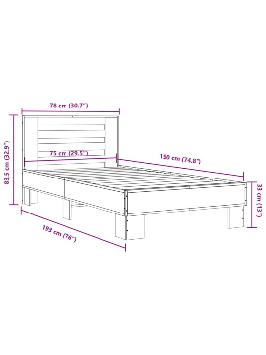 Rám postele kouřový dub 75 x 190 cm kompozitní dřevo a kov