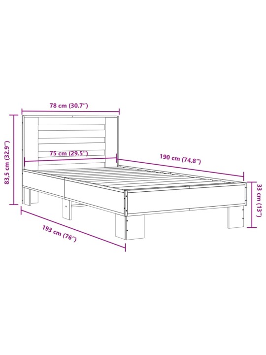 Rám postele šedý sonoma 75 x 190 cm kompozitní dřevo a kov