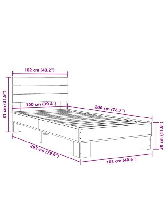 Rám postele hnědý dub 100 x 200 cm kompozitní dřevo a kov