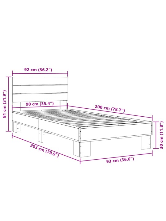 Rám postele dub sonoma 90 x 200 cm kompozitní dřevo a kov