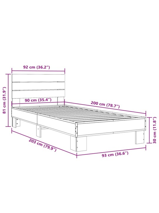 Rám postele kouřový dub 90 x 200 cm kompozitní dřevo a kov