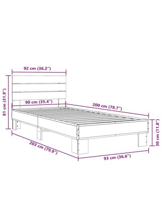 Rám postele šedý sonoma 90 x 200 cm kompozitní dřevo a kov