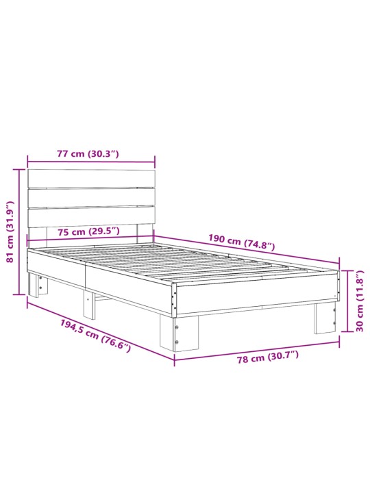 Rám postele šedý sonoma 75 x 190 cm kompozitní dřevo a kov