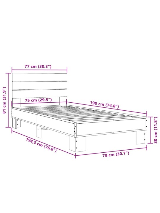 Rám postele hnědý dub 75 x 190 cm kompozitní dřevo a kov