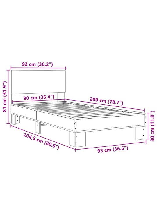 Rám postele kouřový dub 90 x 200 cm kompozitní dřevo a kov