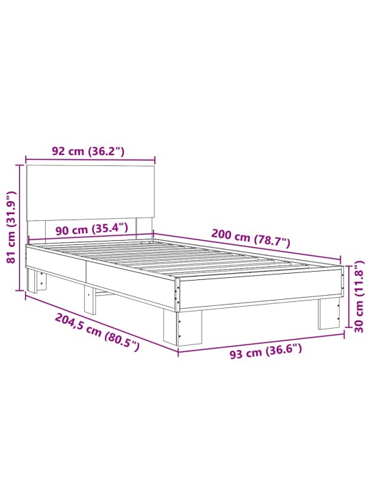 Rám postele šedý sonoma 90 x 200 cm kompozitní dřevo a kov