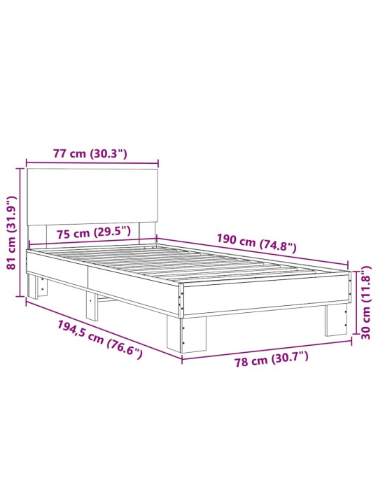 Rám postele šedý sonoma 75 x 190 cm kompozitní dřevo a kov
